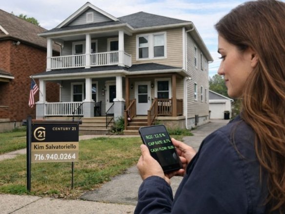 Realtor analyzing ROI and cap rate on a Western New York duplex investment property