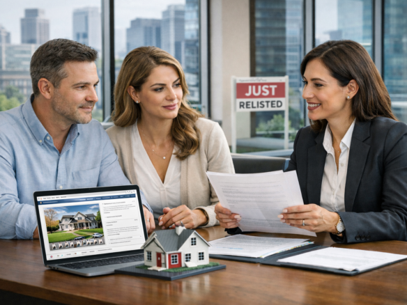 Real estate agent reviewing paperwork with homeowners during an expired listing relisting consultation in Western New York