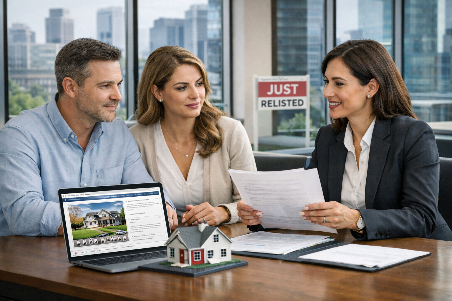 Real estate agent reviewing paperwork with homeowners during an expired listing relisting consultation in Western New York