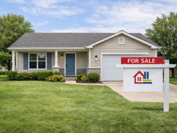 Single-family home with a for sale sign in front yard in Western New York