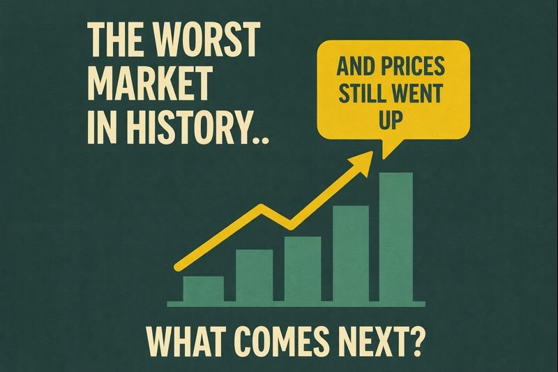 Bar chart with rising prices despite text claiming the worst market in history, asking 'What comes next