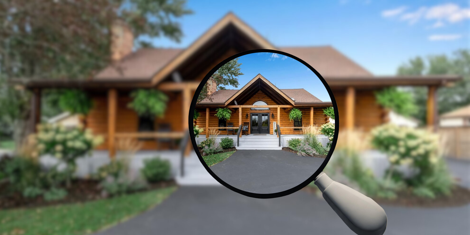 Magnifying glass highlighting a Western NY home exterior repre