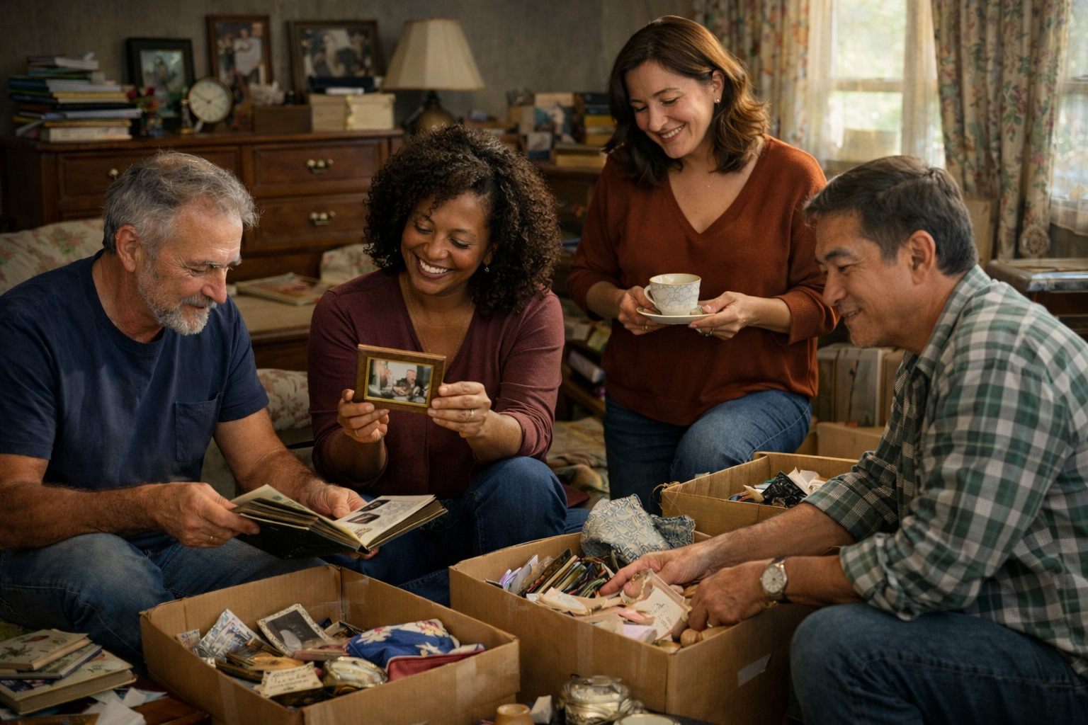 Family sorting personal belongings inside inherited home in Western New York