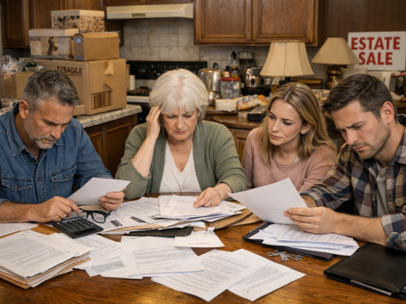 Realtor reviewing inherited home sale paperwork with family members in Western New York