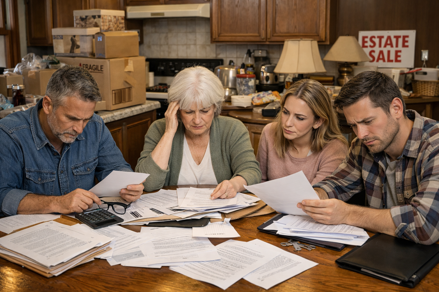 Realtor reviewing inherited home sale paperwork with family members in Western New York